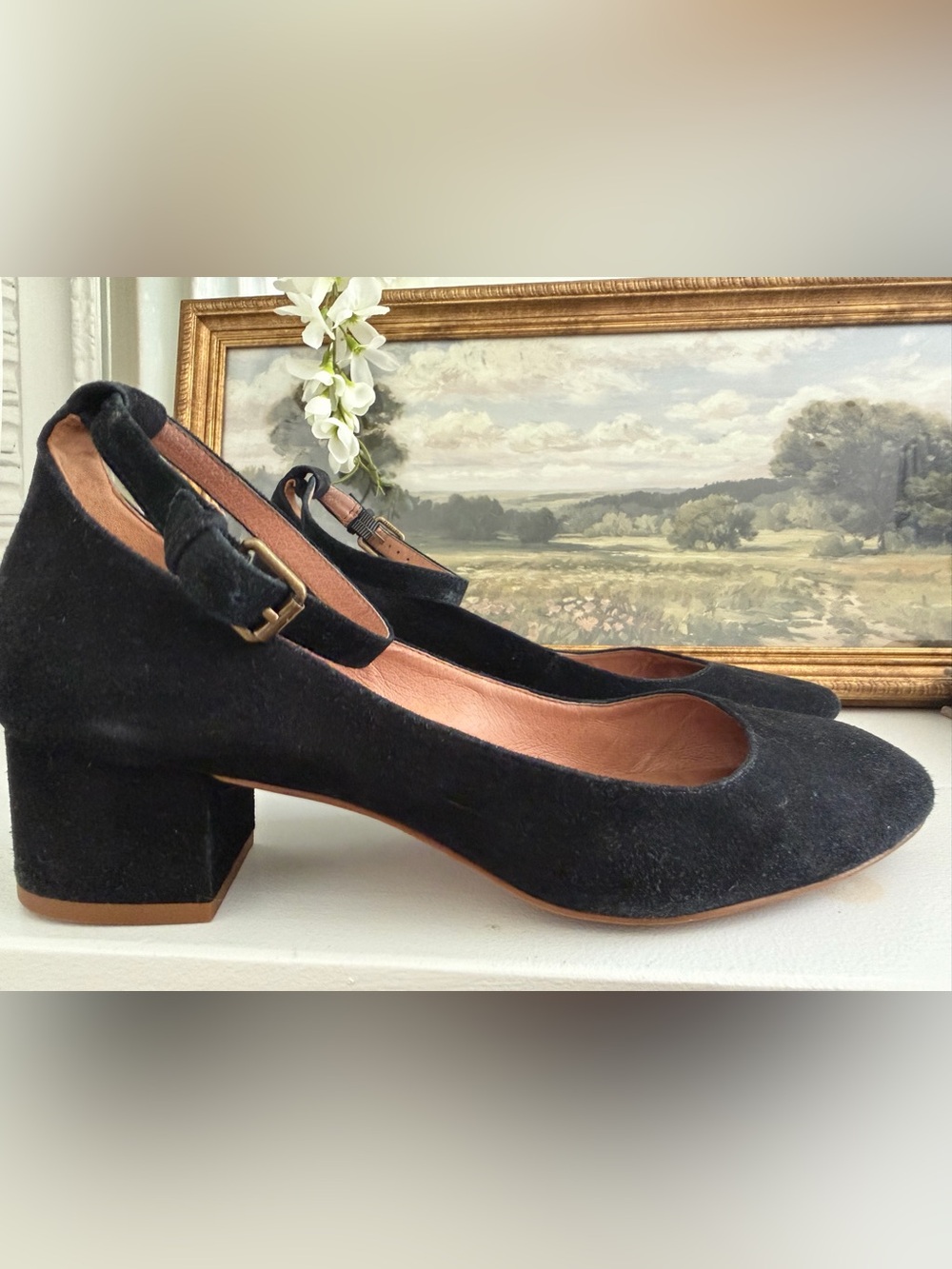 Madewell Black Suede Ankle-Strap Kitten Block Heels